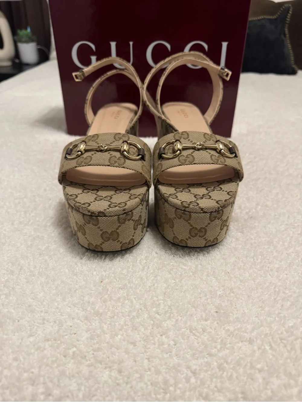 Gucci Beige GG Canvas Platform Slingback Wedges with Gold Horsebit - Picture 2 of 7